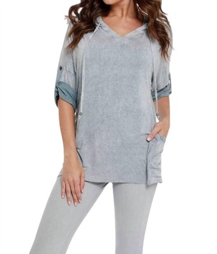 hooded drawstring tunic top in gray