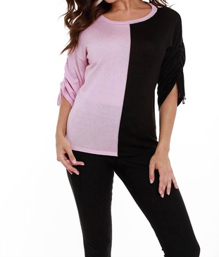 two tone gathered sleeve top in pink/black