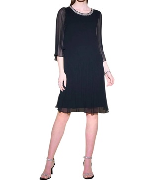 pleated chiffon trapeze dress in black