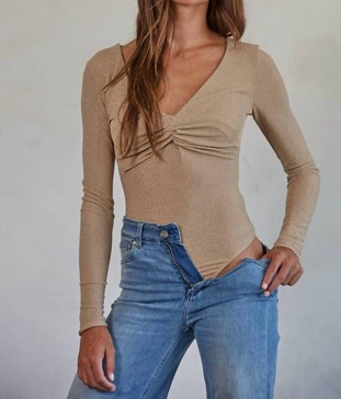 knit lurex front twist bodysuit in camel gold