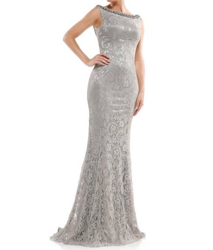 scoop back lace mother of the bride gown in silver