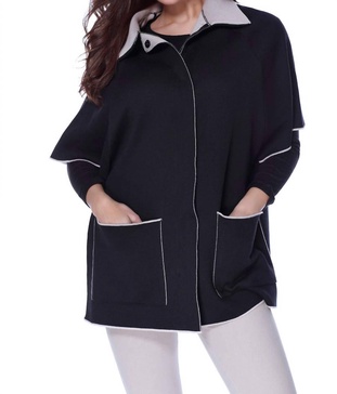 zip up & buttons poncho w/ pockets in black/stone