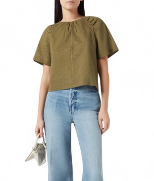 draped short sleeve cotton blouse in cypress