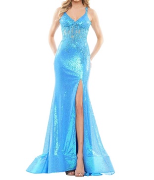 mermaid high slit gown in turq