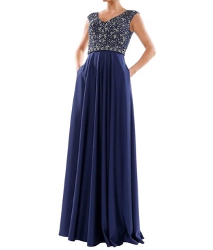 beaded bodice flowy a-line dress in navy