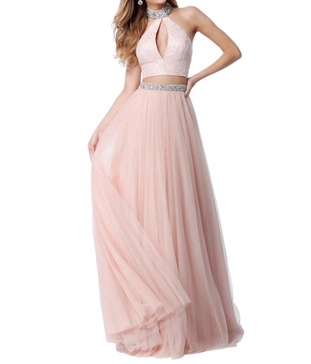 two-piece beaded keyhole prom dress in blush