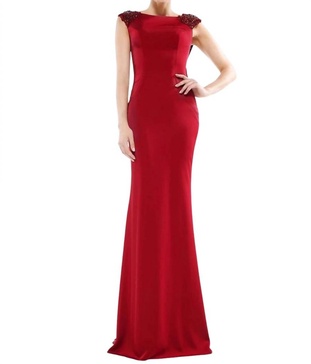 beaded cowl back trumpet gown in wine
