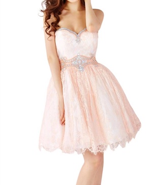 short prom dress in peach