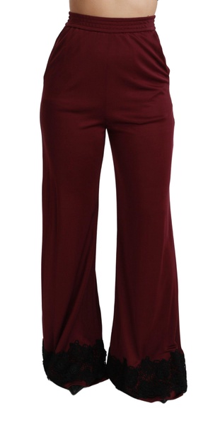 Dolce & Gabbana  Black Lace High Waist Wide Leg Maroon  Pants