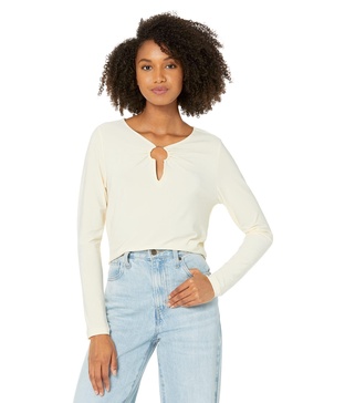 BCBGeneration Women's Fitted Crop Top Long Sleeve Shirring Deep V Neck Shirt