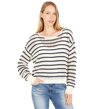 Lucky Brand Women's Long Sleeve Boat Neck Pointelle Stripe Sweater