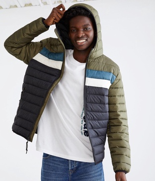colorblock hooded midweight puffer jacket