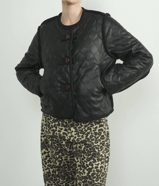 pu faux leather quilted button down coat in black