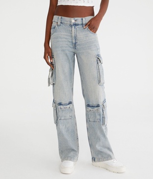 low-rise wide leg cargo jean