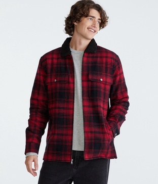 plaid sherpa-lined full-zip flannel shacket