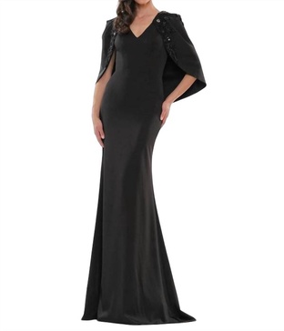 beaded shoulder cape evening gown in black