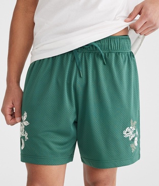 embroidered floral mesh shorts 6"