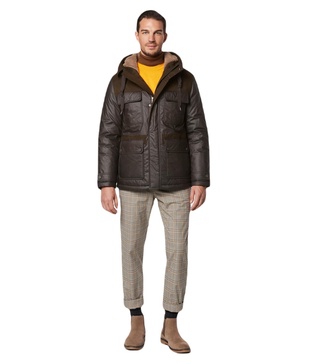 Andrew Marc Men's Short Fabric Blocked Parka with a Sherpa Lined Harrigan Hooded Cuff Tab with Adjustable Snap