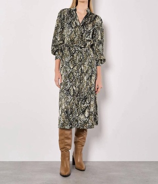 snakeskin print satin shirt midi dress in khaki