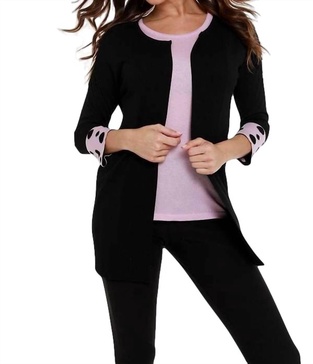 polka dot sleeve ribbed open cardigan in black/pink