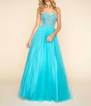 strapless ball gown in turquoise