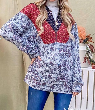 floral half zip up hoodie sweater in grey,maroon