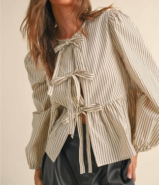 luna neutral striped cotton tie top in beige