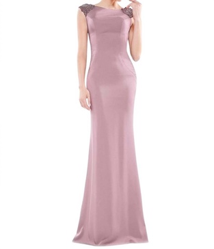 beaded cowl back trumpet gown in mauve