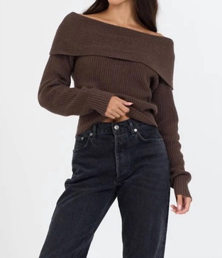off the shoulder zip back sweater in espresso