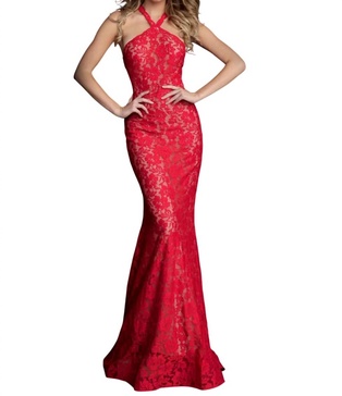 embellished lace fitted gown in red/nude
