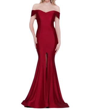 off shoulder front slit satin mermaid gown in red