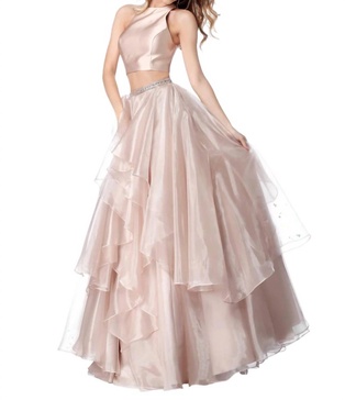 two-piece satin top chiffon skirt prom dress in nude