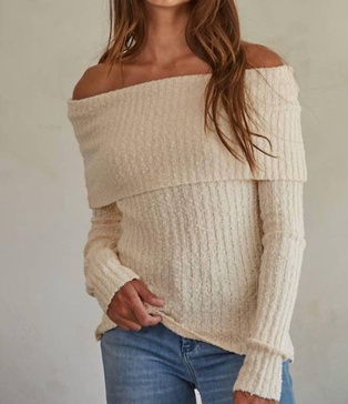 knit sweater off shoulder long sleeve top in ivory