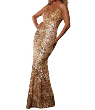 open back sequin gown in champagne