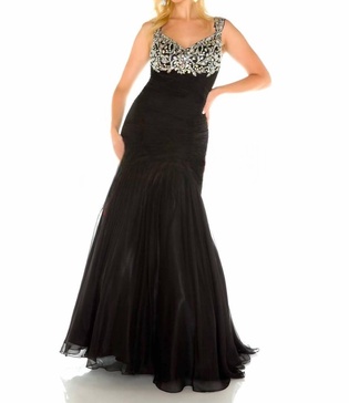 beaded ruched bodice mermaid gown in black/silver