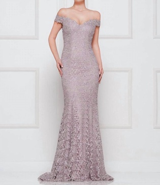 off shoulder lace gown in mauve