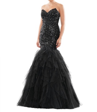 long strapless formal mermaid prom dress in black
