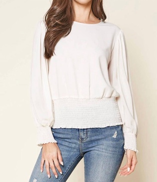 smocked long-sleeve blouse in ivory