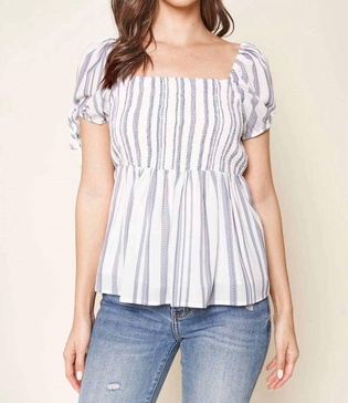 baja striped puff sleeve top in black/white