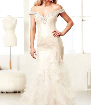 off-the-shoulder ball gown with sequins and chiffon ruffles in ivory/nude