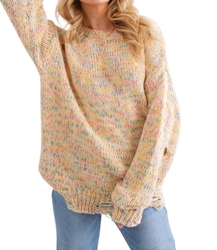 color your world distressed sweater in cream multi