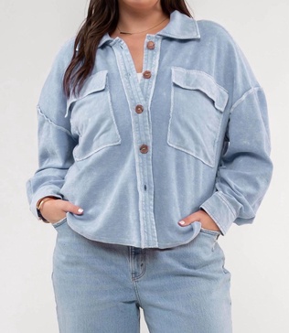 vintage washed patchwork shacket - plus in blue