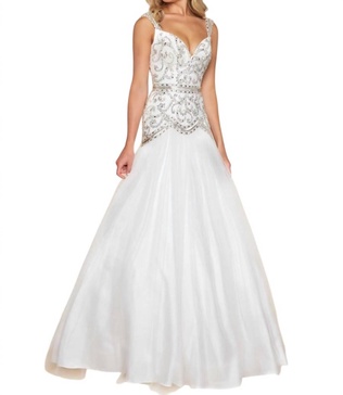 beaded bodice fit and flare ball gown in white/silver
