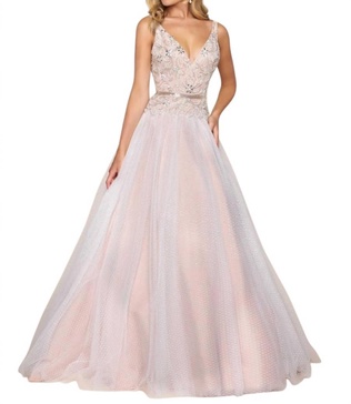 fit and flare ball gown with lace and bead applique in ivory/nude
