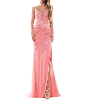glitter mesh sheath dress in coral