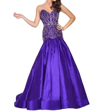 embellished satin prom dress in royal purple