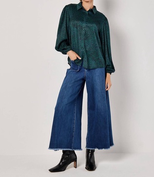animal print self stripe satin shirt in green
