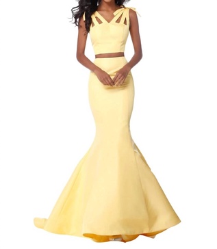 two-piece taffeta prom dress in yellow