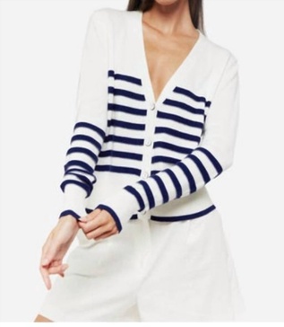 brynn stripe cardigan in ice water/ majolica blue