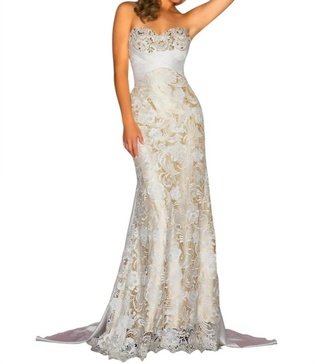 lace strapless evening gown in ivory/nude